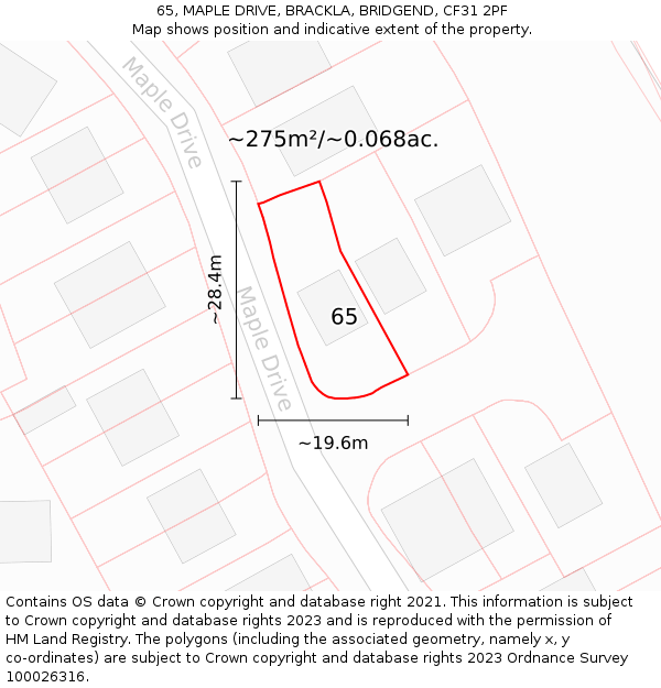 65, MAPLE DRIVE, BRACKLA, BRIDGEND, CF31 2PF: Plot and title map