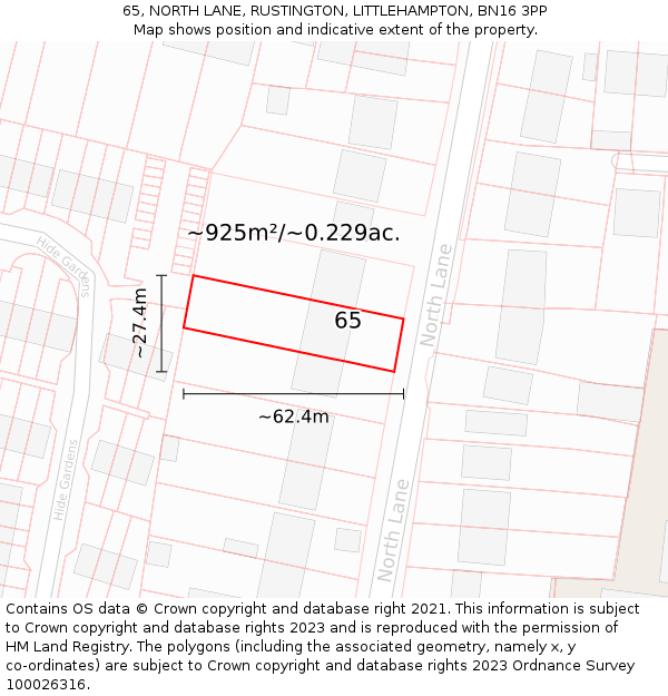 65, NORTH LANE, RUSTINGTON, LITTLEHAMPTON, BN16 3PP: Plot and title map