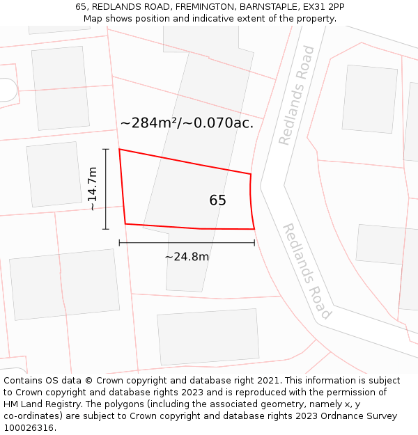65, REDLANDS ROAD, FREMINGTON, BARNSTAPLE, EX31 2PP: Plot and title map