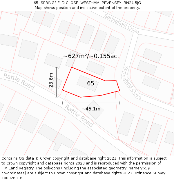65, SPRINGFIELD CLOSE, WESTHAM, PEVENSEY, BN24 5JG: Plot and title map