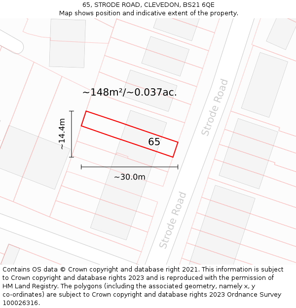 65, STRODE ROAD, CLEVEDON, BS21 6QE: Plot and title map