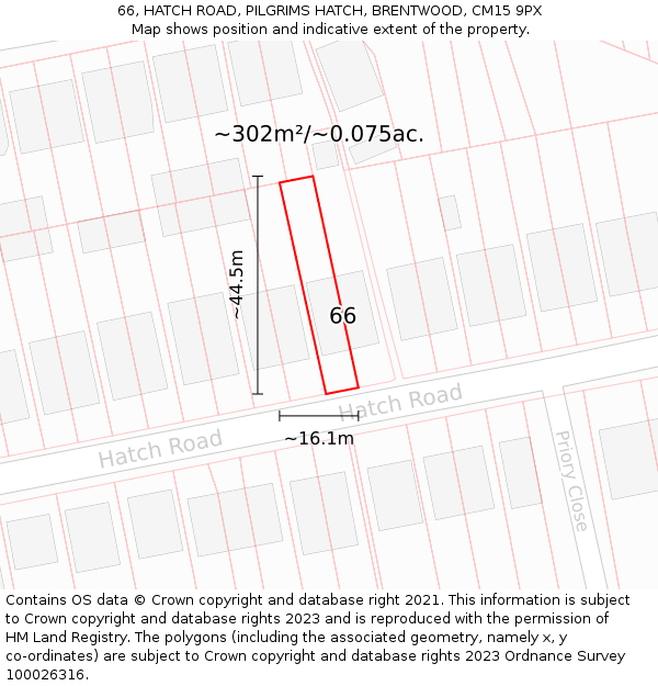 66, HATCH ROAD, PILGRIMS HATCH, BRENTWOOD, CM15 9PX: Plot and title map