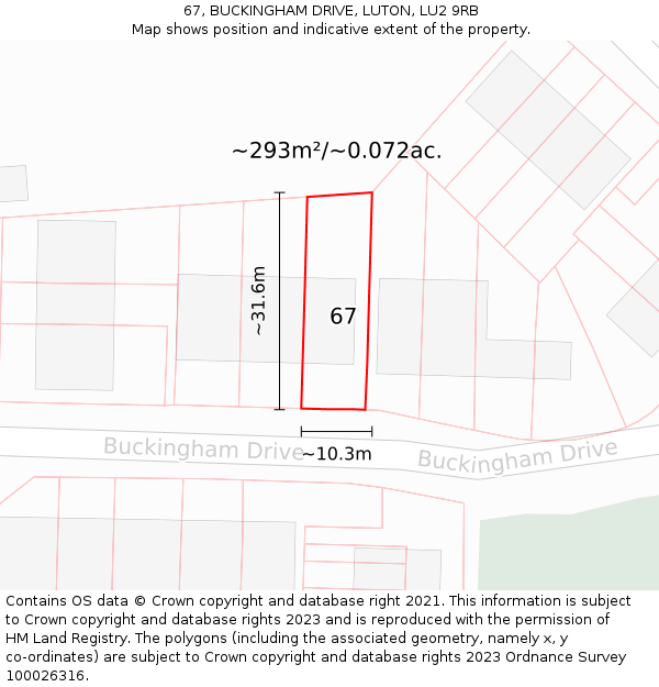 67, BUCKINGHAM DRIVE, LUTON, LU2 9RB: Plot and title map