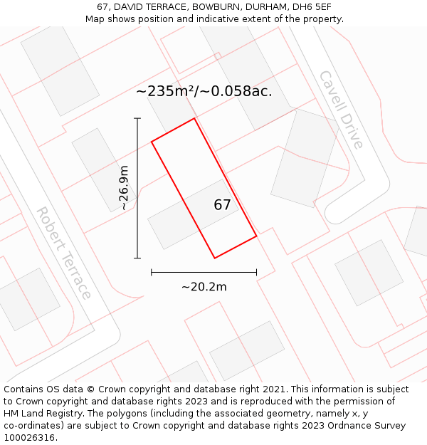 67, DAVID TERRACE, BOWBURN, DURHAM, DH6 5EF: Plot and title map
