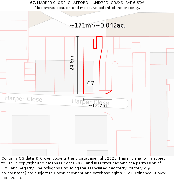 67, HARPER CLOSE, CHAFFORD HUNDRED, GRAYS, RM16 6DA: Plot and title map