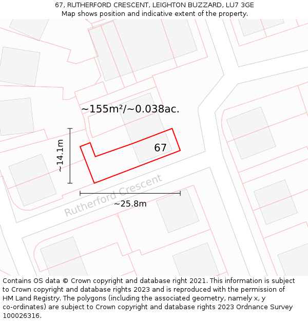 67, RUTHERFORD CRESCENT, LEIGHTON BUZZARD, LU7 3GE: Plot and title map