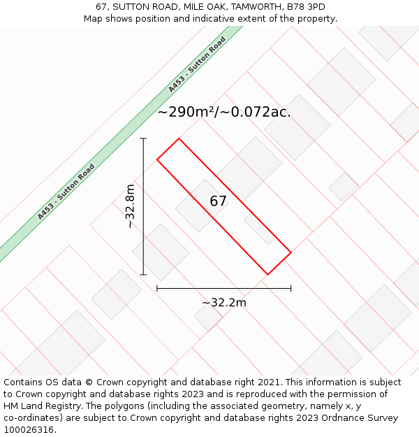 67, SUTTON ROAD, MILE OAK, TAMWORTH, B78 3PD: Plot and title map