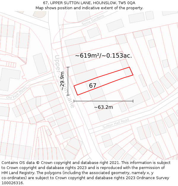 67, UPPER SUTTON LANE, HOUNSLOW, TW5 0QA: Plot and title map