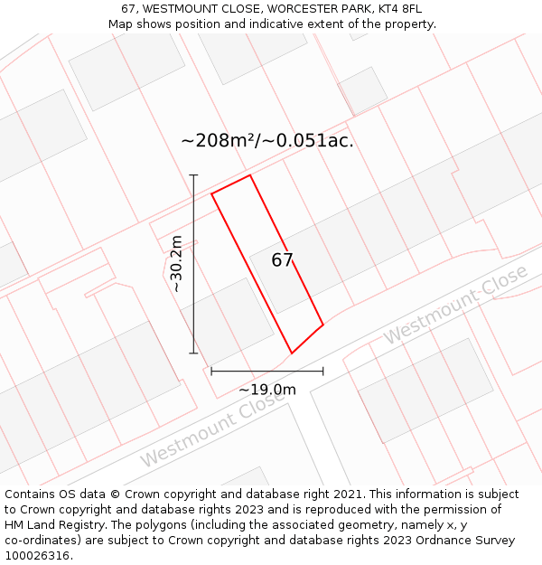 67, WESTMOUNT CLOSE, WORCESTER PARK, KT4 8FL: Plot and title map