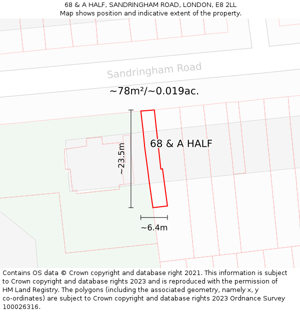 68 & A HALF, SANDRINGHAM ROAD, LONDON, E8 2LL: Plot and title map