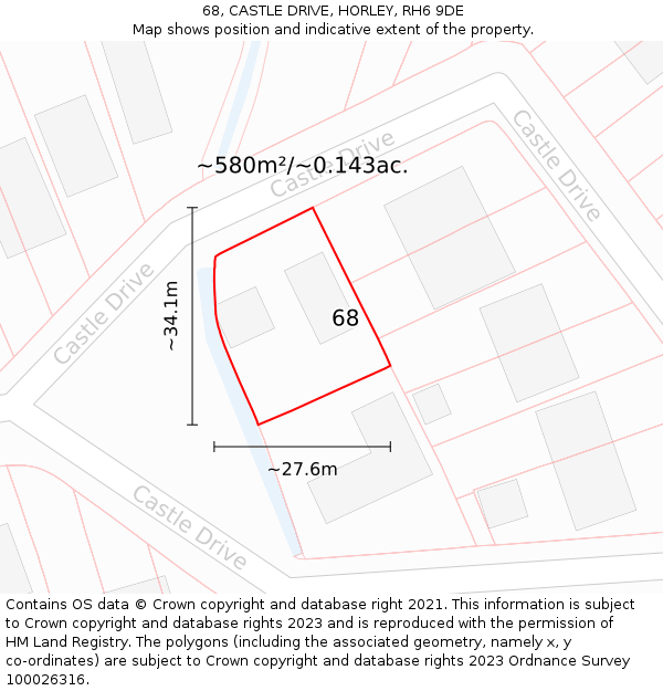 68, CASTLE DRIVE, HORLEY, RH6 9DE: Plot and title map