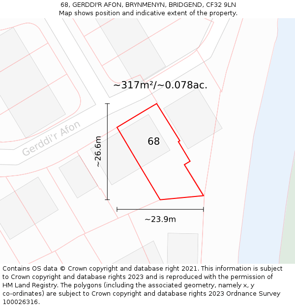68, GERDDI'R AFON, BRYNMENYN, BRIDGEND, CF32 9LN: Plot and title map