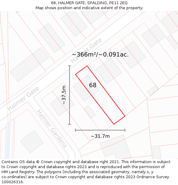 68, HALMER GATE, SPALDING, PE11 2EQ: Plot and title map