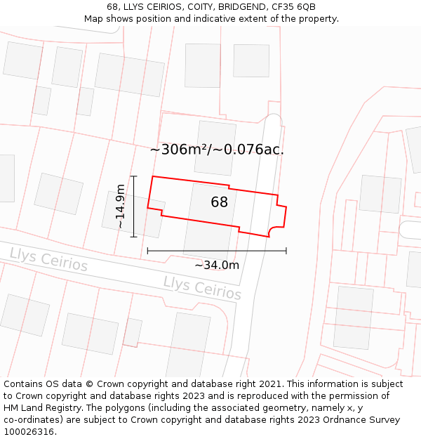 68, LLYS CEIRIOS, COITY, BRIDGEND, CF35 6QB: Plot and title map