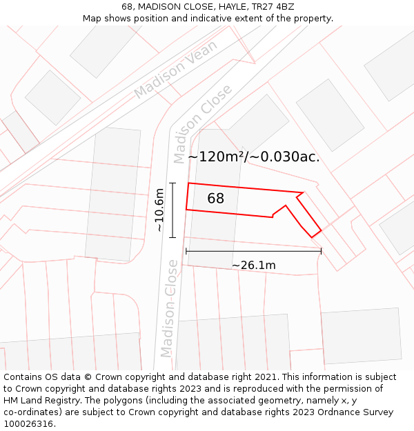 68, MADISON CLOSE, HAYLE, TR27 4BZ: Plot and title map