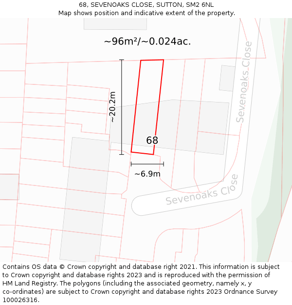 68, SEVENOAKS CLOSE, SUTTON, SM2 6NL: Plot and title map