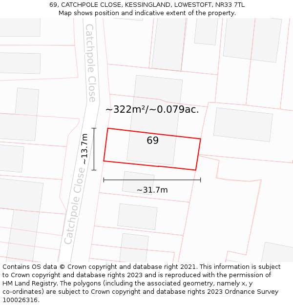 69, CATCHPOLE CLOSE, KESSINGLAND, LOWESTOFT, NR33 7TL: Plot and title map