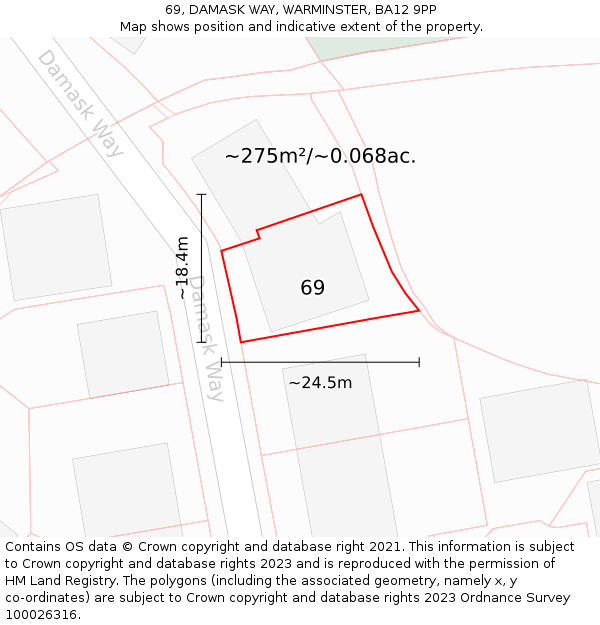 69, DAMASK WAY, WARMINSTER, BA12 9PP: Plot and title map