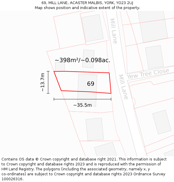 69, MILL LANE, ACASTER MALBIS, YORK, YO23 2UJ: Plot and title map