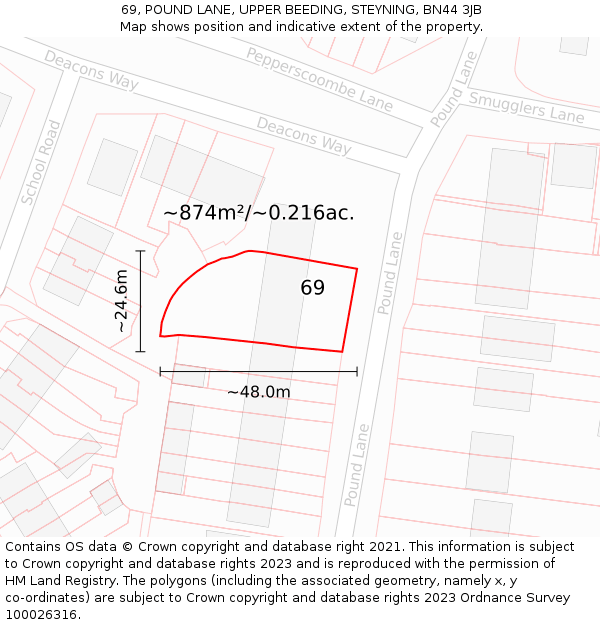 69, POUND LANE, UPPER BEEDING, STEYNING, BN44 3JB: Plot and title map
