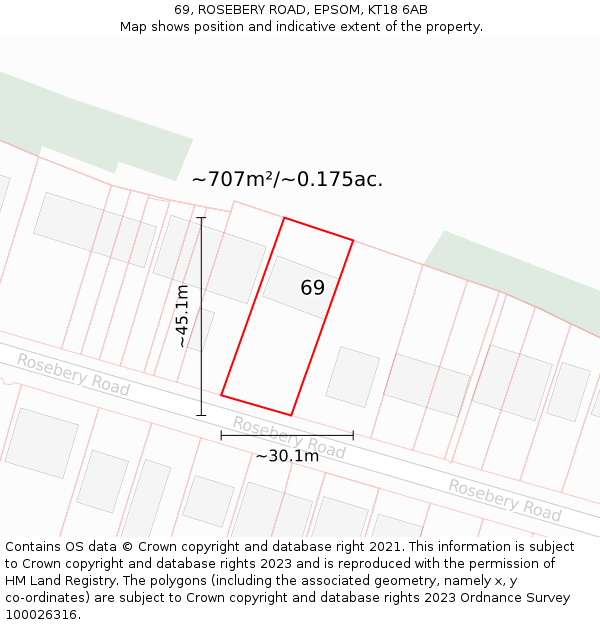 69, ROSEBERY ROAD, EPSOM, KT18 6AB: Plot and title map