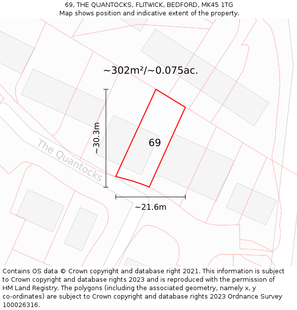 69, THE QUANTOCKS, FLITWICK, BEDFORD, MK45 1TG: Plot and title map