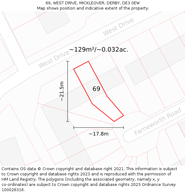 69, WEST DRIVE, MICKLEOVER, DERBY, DE3 0EW: Plot and title map