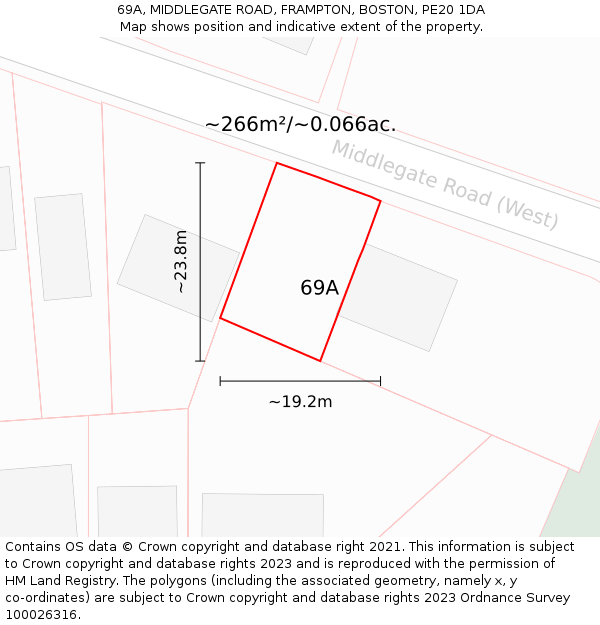 69A, MIDDLEGATE ROAD, FRAMPTON, BOSTON, PE20 1DA: Plot and title map