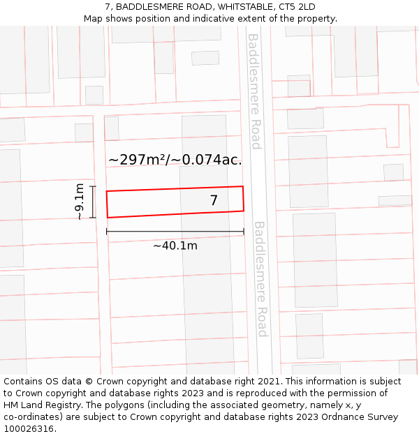 7, BADDLESMERE ROAD, WHITSTABLE, CT5 2LD: Plot and title map