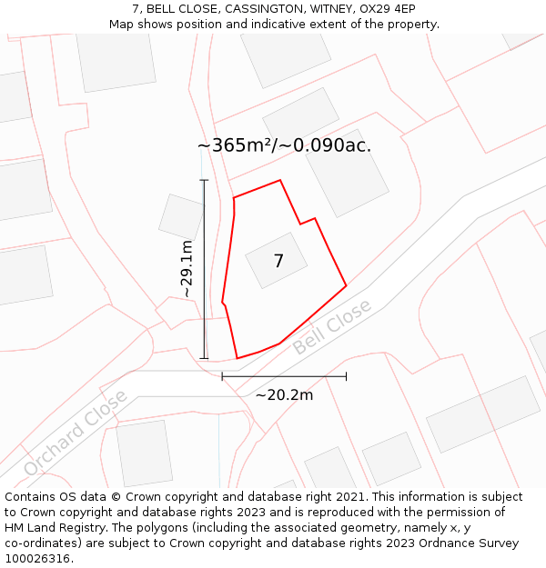 7, BELL CLOSE, CASSINGTON, WITNEY, OX29 4EP: Plot and title map