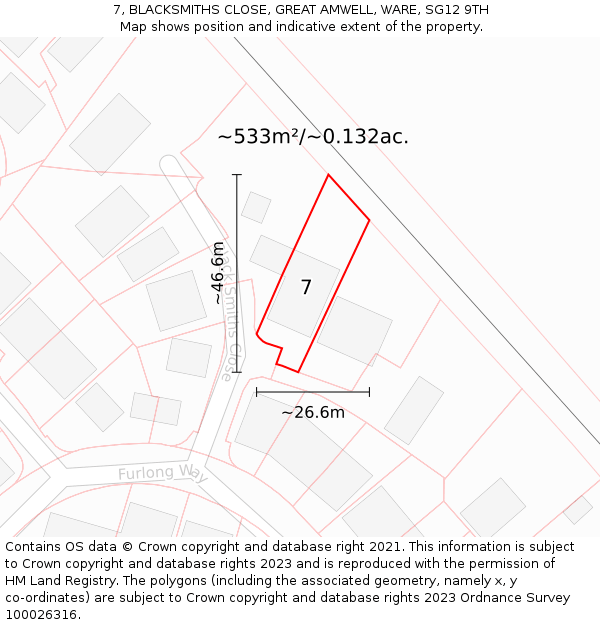 7, BLACKSMITHS CLOSE, GREAT AMWELL, WARE, SG12 9TH: Plot and title map