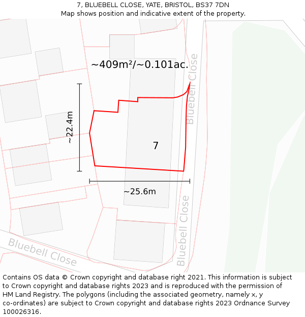 7, BLUEBELL CLOSE, YATE, BRISTOL, BS37 7DN: Plot and title map