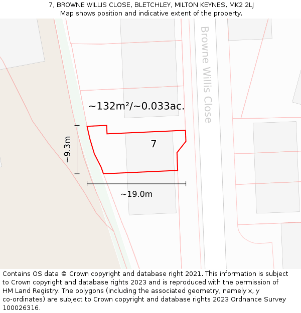 7, BROWNE WILLIS CLOSE, BLETCHLEY, MILTON KEYNES, MK2 2LJ: Plot and title map