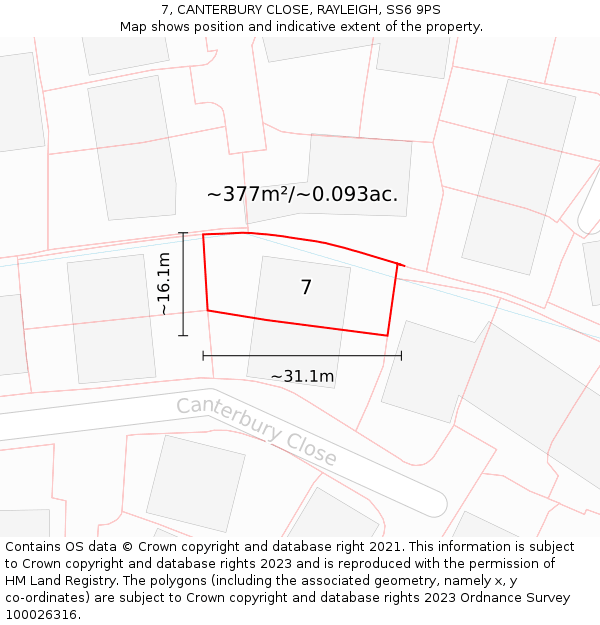 7, CANTERBURY CLOSE, RAYLEIGH, SS6 9PS: Plot and title map