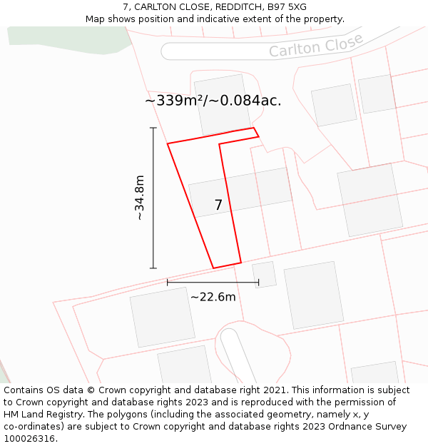 7, CARLTON CLOSE, REDDITCH, B97 5XG: Plot and title map