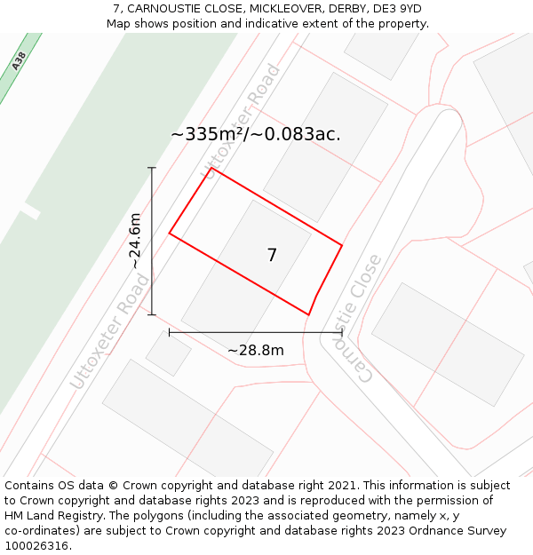 7, CARNOUSTIE CLOSE, MICKLEOVER, DERBY, DE3 9YD: Plot and title map
