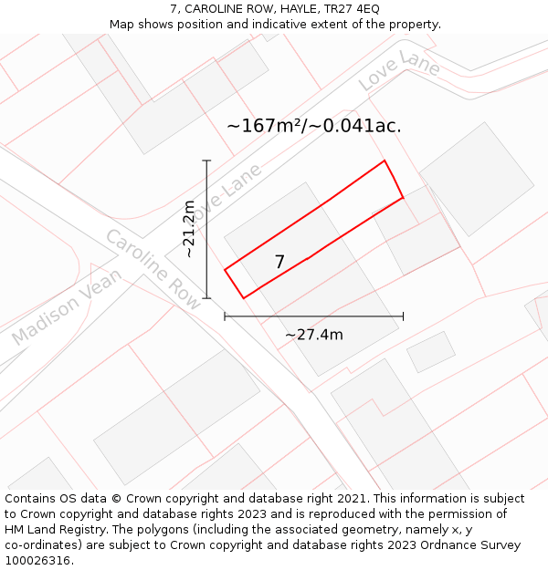7, CAROLINE ROW, HAYLE, TR27 4EQ: Plot and title map