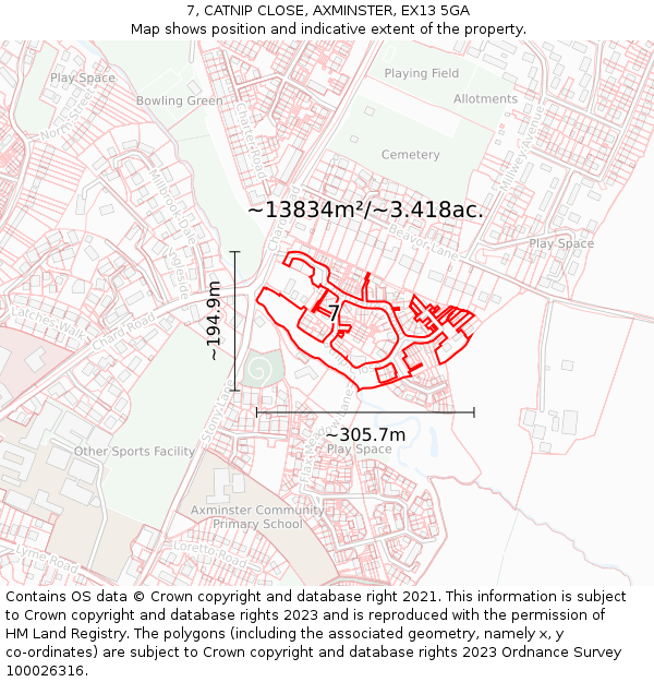 7, CATNIP CLOSE, AXMINSTER, EX13 5GA: Plot and title map