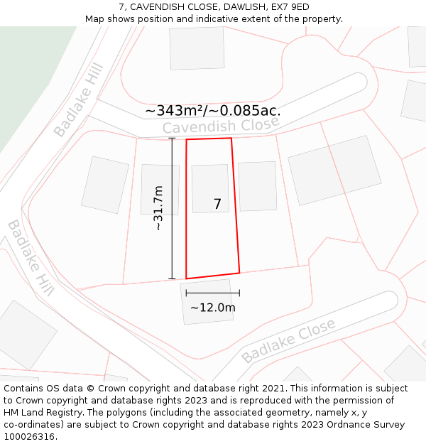 7, CAVENDISH CLOSE, DAWLISH, EX7 9ED: Plot and title map