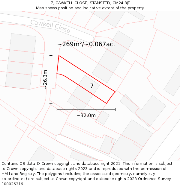 7, CAWKELL CLOSE, STANSTED, CM24 8JF: Plot and title map