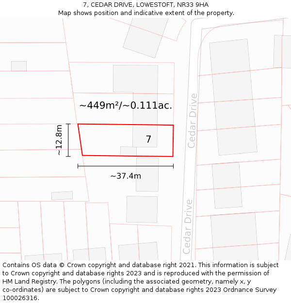 7, CEDAR DRIVE, LOWESTOFT, NR33 9HA: Plot and title map