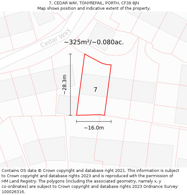 7, CEDAR WAY, TONYREFAIL, PORTH, CF39 8JN: Plot and title map