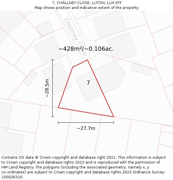 7, CHALLNEY CLOSE, LUTON, LU4 9TF: Plot and title map