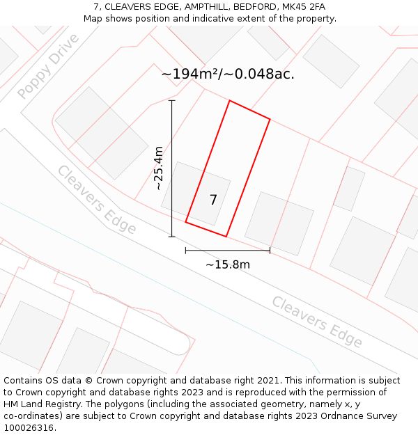 7, CLEAVERS EDGE, AMPTHILL, BEDFORD, MK45 2FA: Plot and title map