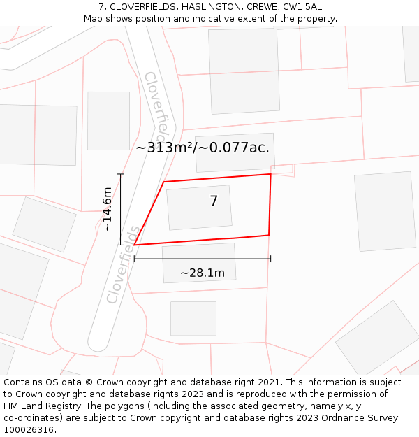 7, CLOVERFIELDS, HASLINGTON, CREWE, CW1 5AL: Plot and title map