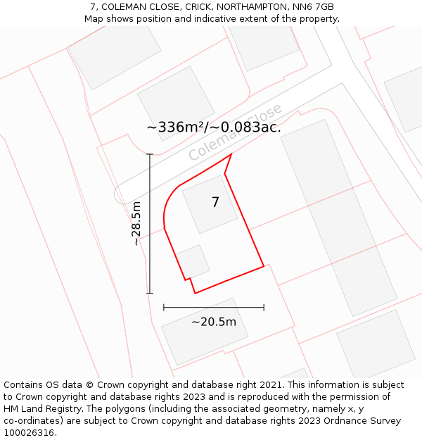 7, COLEMAN CLOSE, CRICK, NORTHAMPTON, NN6 7GB: Plot and title map