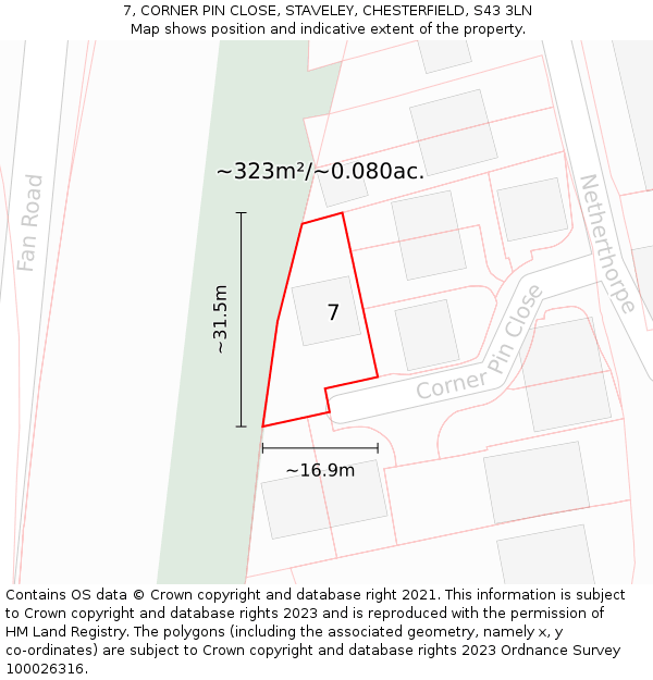 7, CORNER PIN CLOSE, STAVELEY, CHESTERFIELD, S43 3LN: Plot and title map