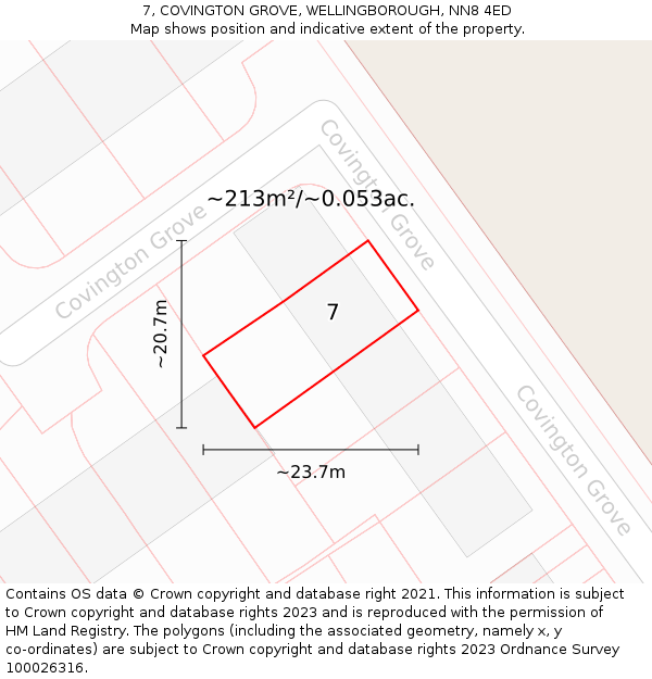 7, COVINGTON GROVE, WELLINGBOROUGH, NN8 4ED: Plot and title map