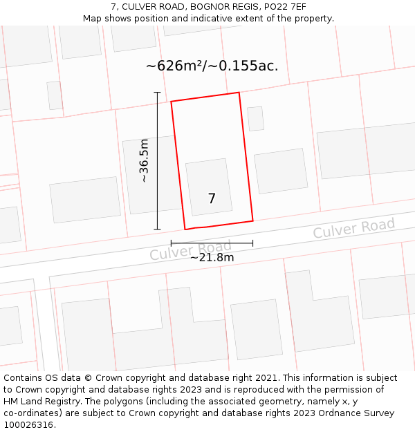 7, CULVER ROAD, BOGNOR REGIS, PO22 7EF: Plot and title map