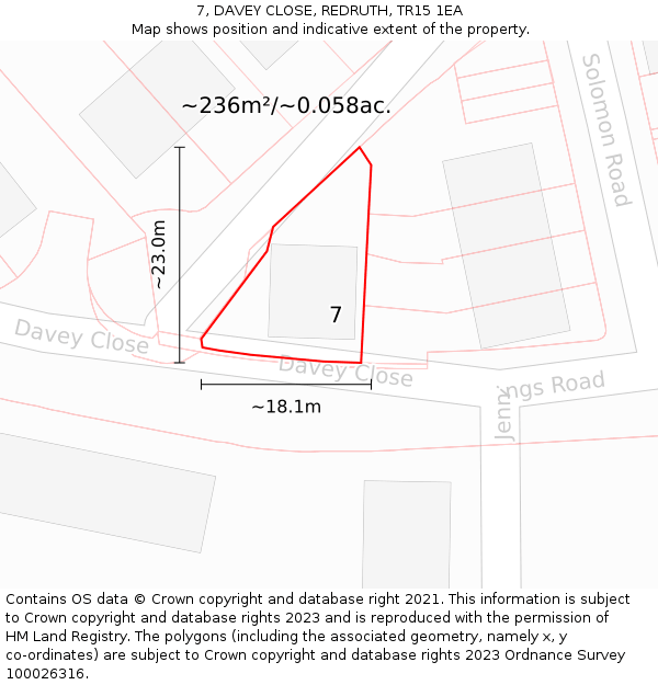 7, DAVEY CLOSE, REDRUTH, TR15 1EA: Plot and title map